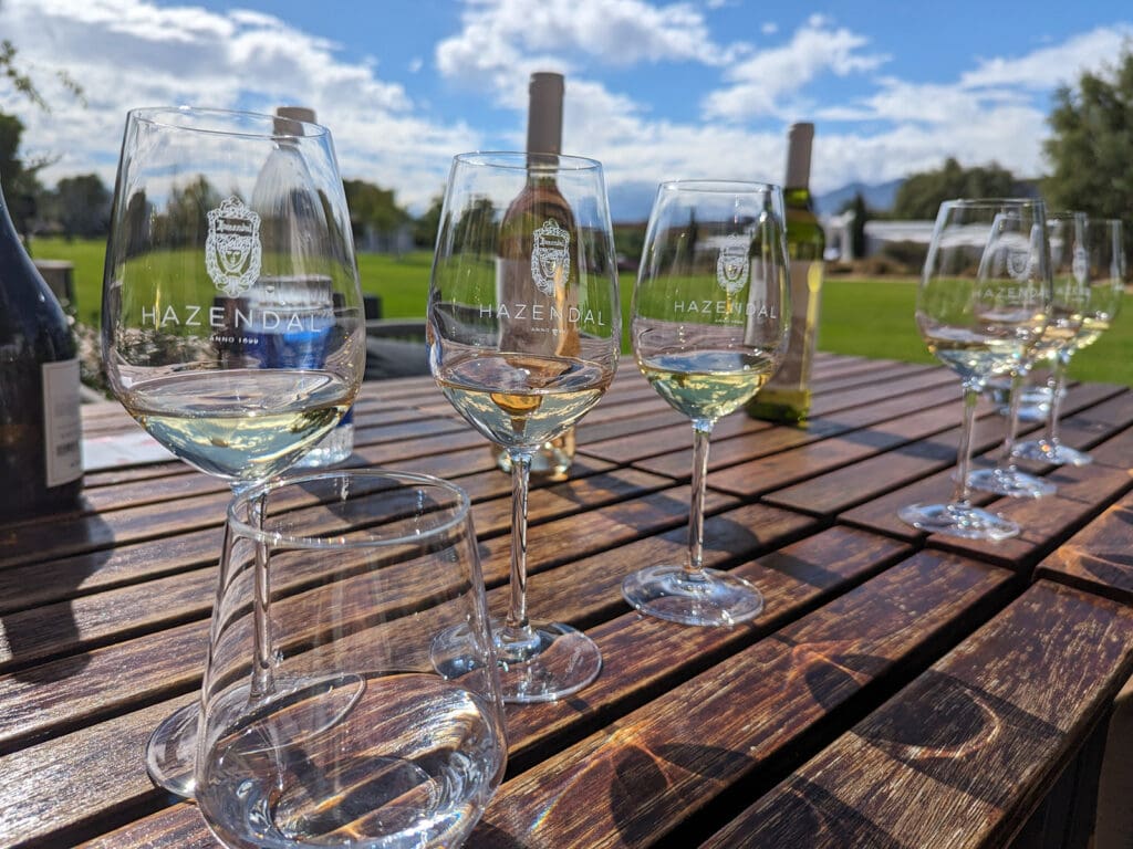Wine glasses and bottles from the lovely Hazendal Wine Estate in South Africa.